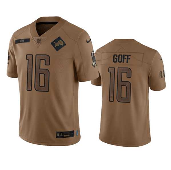 Men's Detroit Lions #16 Jared Goff 2023 Brown Salute To Service Limited Football Stitched Jersey Dyin
